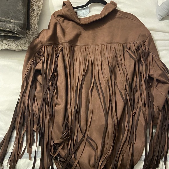 Faux suede chocolate brown fringe shacket - Picture 1 of 2